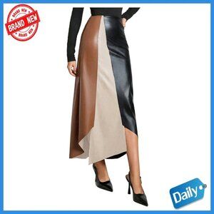 High Waisted Asymmetrical Faux Leather Skirt Long Fit Flare Work Wear